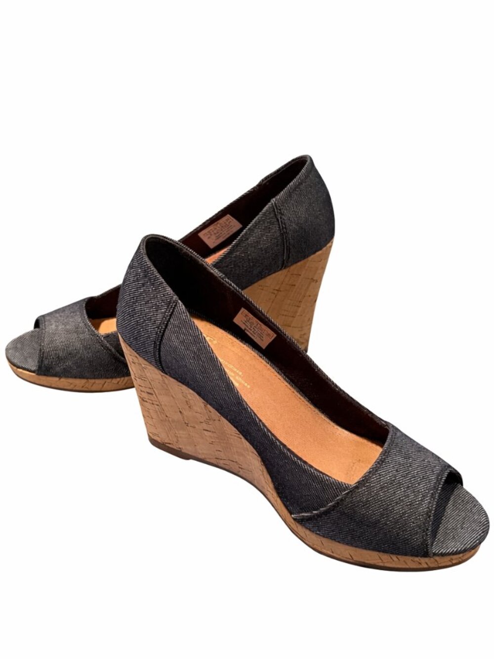 💋 TOMS Stella 3 1/2" Wedge | Black Denim Peep Toe | Cork Heel | Size 8